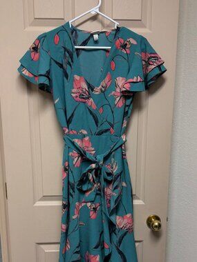 A new day Teal Floral Midi Dress with Pink Accents